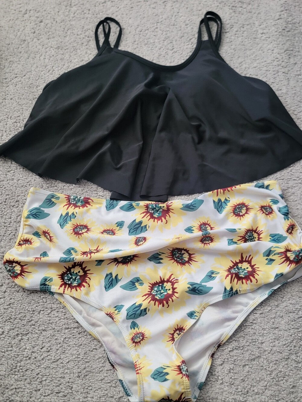Women’s Black Tankini Top with Sunflower High-Waist Bottoms